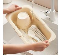 Kitchen Sink Colander, Extendable Strainer Basket Over The Sink for Wash Vegetables and Fruits, Drain Cooked Pasta and Dry Dishes 13.6"-18.7" L x 7.87" W x 2.76" H - Cream