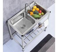 Kitchen Sink Commercial Stainless Steel Double Bowl Unit with Hot and Cold Tap & Drainer Kitchen Restaurant Sink with Storage Shelf