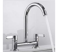 Kitchen Sink Deck Mixer Taps 360° Swivel Spout Chrome Basin Faucet Modern Dual Lever Chrome Brass Monobloc Durable Elegant Ceramic Low Water Pressure 2 Hole Bar Sink Taps UK Standard(Electroplate)