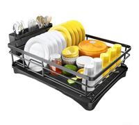 Kitchen Sink Dish Drainer Rack with Utensil Holder for Efficient Drying, Black Carbon Steel Countertop Drain Board for Plates Bowls Chopsticks 42.4 x 30 x 14.5 cm