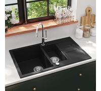 Kitchen Sink Double Basin Granite Black 800x500x306mm Reversible Durable HeatRes