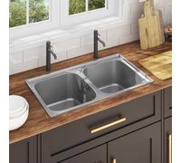 Kitchen Sink Double Sink Stainless Steel with Strainer and Siphon, Built-in Sink 84 x 48 x 22 cm, Scratch-Resistant, Stain Resistant, with Draining Board for Kitchen and Utility Room