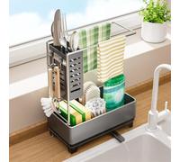 Kitchen Sink Drain Rack Caddy with Soap Dispenser, Sponge Holder, and Towel Bar for Neat and Dry Kitchen Organization (Gray)