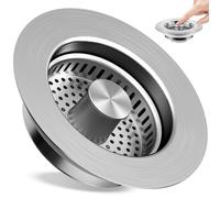 Kitchen Sink Drain Strainer 3 in 1, 304 Stainless Steel Pop Up Sink Stopper, Anti-Clogging Sink Drain Strainer for US Standard Kitchen Drain (SUS304 Brushed)