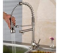 Kitchen Sink Faucet for Bar Farmhouse Commercial, Black/Chrome Brass Spring Type Faucets,Fixed Support 360 Rotate, Button Dual Spout Crane Mixer Taps(Brushed Nickel,with Hose Size 3-8)