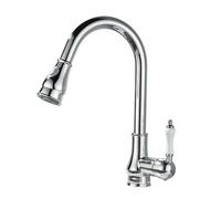 Kitchen Sink Faucet with Pull Out Spray, 360° Swivel Spout, Chrome Finish, Brass Construction, Ceramic Components, Vintage Style for Modern Kitchens
