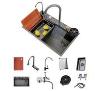 Kitchen Sink Flying rain Waterfall Single Sink with Pull-Out tap, pressurised Cup Washer, Chopping Board and Other Accessories Workstation Kitchen Sink dishwashing Sink (Gun Grey, 85 * 46 * 21cm)