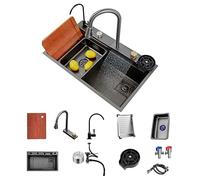 Kitchen Sink Flying rain Waterfall Single Sink with Pull-Out tap, pressurised Cup Washer, Chopping Board and Other Accessories Workstation Kitchen Sink dishwashing Sink (Gun Grey, 68 * 46 * 21cm)