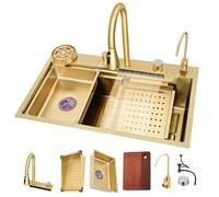 Kitchen Sink Large Gold Bar Sink, Single Bowl Waterfall Sink, Sliding and Slide-Out Workstation, with Knob Drainage and Accessories (S : 68x45x22cm)