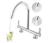 Kitchen Sink Mixer Tap, 2 Hole Bridge Mixer Taps with 2 Function Aerator, 180mm Centers Deck Mounted Faucet, Hot and Cold Dual Lever Kitchen Taps, 1/4 Turn, 360° Swivel Spout, Chrome