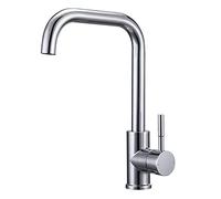 Kitchen Sink Mixer Tap Monobloc Single Lever Kitchen Tap 1 Hole with 360° Swivel Spout, L-Shaped Mono Sink Faucet with Hot and Cold Hoses, Chrome