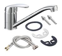 Kitchen Sink Mixer Tap, Single Top Lever Kitchen Mixer Tap with 2X 60cm Hoses, Monobloc 360° Long Swivel Spout Faucet Taps for Caravan/RV, Home, Bar & Utility Sinks (Silver A)