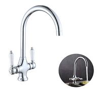 Kitchen Sink Mixer Tap Traditional Elegant White Ceramic Dual Lever 360° Swivel Monobloc Basin Taps Chrome Kitchen Taps + Free Hoses