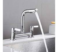 Kitchen Sink Mixer Taps 2 Hole Deck Mounted Twin Lever Chrome 1/4 Turn Modern 360° Swivel Spout Basin Faucet