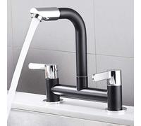 Kitchen Sink Mixer Taps 2 Hole Dual Lever 360 Swivel Basin Lever Taps Deck Mounted Kitchen Mixer Black Faucet Spout