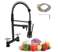 Kitchen Sink Mixer Taps 2 Hole, Dual Lever Bridge Kitchen Mixer Taps, 1/4 Turn 360° Swivel Spout, 180MM Centers Deck Mounted Monobloc Cold and Hot Mixer Tap (Black)