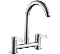 Kitchen Sink Mixer Taps 2 Hole Kitchen Faucet 360° Swivel Spout Dual Lever Chrome Bridge Sink Mixer Tap for Kitchens Deck Mounted Taps 1/4 Turn Faucet Cold and Hot Mixer Taps with UK Standard Fittings