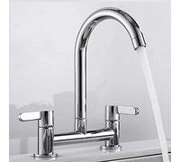 Kitchen Sink Mixer Taps, 2 Hole Kitchen Faucet 360° Swivel Spout Dual Lever Sink Taps 1/4 Turn Easy Use Cold and Hot Mixer Tap Deck Mounted Bridge Taps with UK Standard Fittings(Chrome)