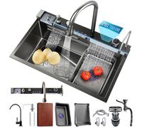 Kitchen Sink Multifunctional Digital Display 304 Stainless Steel Waterfall Sink with Cup Washer, soap Dispenser, rain Waterfall, Table Control