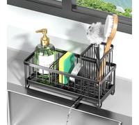 Kitchen Sink Organiser, Sink Caddy Organiser with Self-Draining Drain Tray, Black Kitchen Sink Accessories Storage Rack, Kitchen Washing up Organiser with Brush Holder, Washing up Utensil Caddy
