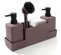 Kitchen Sink Organizer with Two 350ml Soap Dispensers, Sponge Compartment, Cleaning Tool Holder, and Ventilated ABS Drip Tray (Red Brown)
