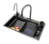 Kitchen Sink,Raindance Waterfall Sink,304 Stainless Steel Sink,Domestic Sink Set,Integrated Sink with Removable Faucet (68×45×21cm)