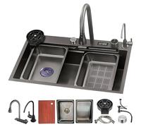 Kitchen Sink Single Bowl Nano Stainless Steel Temperature Display Sink, Large Capacity Waterfall Workstation,RV with Accessories C