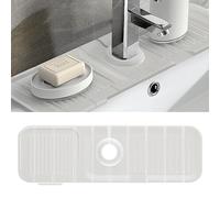 Kitchen Sink Splash Guard 17.7"X5.5", Toovem Faucet Handle Drip Catcher Tray, Longer Silicone Sink Faucet Mat, Dish Soap Sponge Holder for Kitchen, Bathroom, Farmhouse, Bar Rv, Translucent