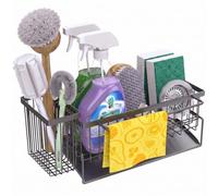 Kitchen Sink Sponge Caddy With High Brush Holder,Bathroom Accessories Soap Dispenser Stand, Rustproof Storage Accessory With Towel Rack, Self-Draining Countertop Sink Organiser-Dark Gunmetal Grey