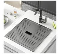 Kitchen Sink Stainless Steel 1 Bowl Inset Sink with Cover, Hidden Multifunction Kitchen Sink Space Saving for Small Kitchen, Fits Cabinet, with Drain Kit(Black-Gray#3,38x30cm)