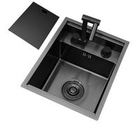 Kitchen Sink Stainless Steel Countertop Hidden with Cover, Folding Faucet, Mini Single Bowl Bar, Compact Siphon Drain Design for Small Spaces RV,Apartment,(Black Steel,39 * 43 * 23cm)