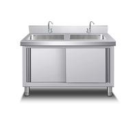 Kitchen Sink Stainless Steel Double Bowl Utility Laundry with Cabinet Free Standing Catering Commercial with Cold and Hot Faucet for Outdoor Indoor Garage Laundry/Utility Room.(100x50x80cm)