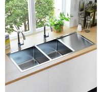 Kitchen Sink Stainless Steel Double Bowl with Washboard Silver 111.5x44x20cm 3pc