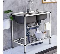 Kitchen Sink, Stainless Steel Sink, 1 Bowl with Workbench, Gastro Sink with Mixer, hot/Cold, Complete Sink with Double Stent, for Workshop, Restaurant, Outdoor Garden 80 * 43 * 21CM