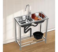 Kitchen Sink Stainless Steel with Double Bowls Mobile Freestanding Commercial with Hot and Cold Tap Stainless Steel Utility with Accessories for Garage,Restaurant,Laundry Room,78x43x82cm