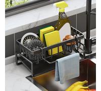 Kitchen Sink Storage Organiser, Versatile Carbon Steel Sponge Holder, Sink Caddy Tidy Organiser with Self Draining Tray, Utensil Caddy Countertop Rack with Dishcloth Hanger for Kitchen & Bathroom