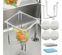 Kitchen Sink Strainer Holder with 200 Disposable Mesh Bags - Foldable Stainless Steel Rack, No Installation Required - Catcher for Food Scraps, Leftovers, and Waste, Helps Prevent Drain Clogs