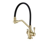 Kitchen Sink Tap，3 in 1 Kitchen Faucet with Drinking Water Outlet，360° Swivel High Arc Pull Down Solid Brass Cold and Hot Water Mixer Tap with Dual Handle (Gold)