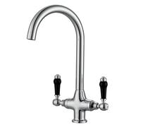 Kitchen Sink Tap Mixer with Black Dual Lever Traditional Mono Swan Neck Victorian Style Kitchen Mixer Faucet 360 Swivel Spout Brass Chrome Monobloc Rustic Bar Tap with Ceramic Twin Lever Country Style