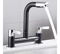 Kitchen Sink Taps 2 Hole 1/4 Turn Dual Lever Deck Mounted Hot & Cold Mixer Faucet Swivel Spout Black Taps (Black)