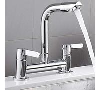 Kitchen Sink Taps 2 Hole 1/4 Turn Dual Lever Deck Mounted Hot & Cold Mixer Faucet Swivel Spout Taps (Chrome)