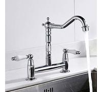 Kitchen Sink Taps 2 Hole 1/4 Turn Dual Traditional Ceramic Handles Lever Hot & Cold Mixer Faucet Swivel Spout Brass Taps