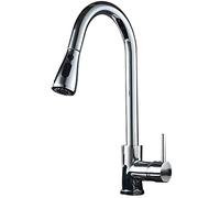 Kitchen Sink Taps Faucets for Kitchen Sinks All Copper Kitchen Faucet, Single Handle Single Hole Pull-Out Sink Faucet, 360 Degree Rotating Mixing Tap, Hot and Cold Water,Chrome Pla