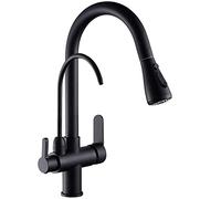 Kitchen Sink Taps Pull Out Kitchen Sink Faucet Two-Handle Black Kitchen Faucet, All Copper Sink Faucet with Pull Down, Hot and Cold Mixer with Water Purification Pipe,Black,25 * 40