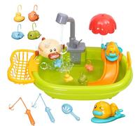 Kitchen Sink Toy with Running Water, Kitchen Playset with Fishing Game, Bubble Machine, Rotating Duck, Pretend Play Toys Role Play Game for Boys and Girls