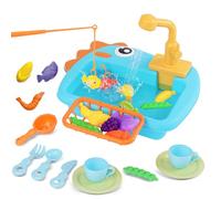 Kitchen Sink Toys Age 3+ for Kids Pretend Kitchen Toys with Tableware Accessories Vegetable Fruit Fishing Games for Toddlers Kids Kitchen Play Set with Running Water Blue Gift for Girls and Boys