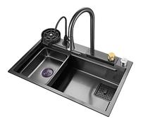 Kitchen Sink, Waterfall Faucet Black Grey Household Dishwashing Basin Drop-in or Undermount Installation/Grey,Silver/68 * 45Cm
