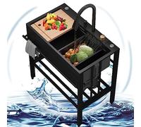 Kitchen Sink Waterfall Modern,New Nano 304 Stainless Steel Utility,Multifunctional Single Bowl Workstation,With Fly Rain Faucet,Accessories,Free Standing Farmhouse Home,Black-75X45X75Cm(Lxwxh)