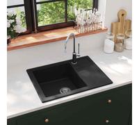 vidaXL Kitchen Sink with Overflow Hole Oval Black Granite Drainer Waste Kit