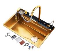 Kitchen Sink with Waterfall Faucet 304 Stainless Steel Sink Gold, Black, White Sink Single Bowl Sink Multi-Function Sink Complete Accessories (Golden-B, 80x46x22cm)